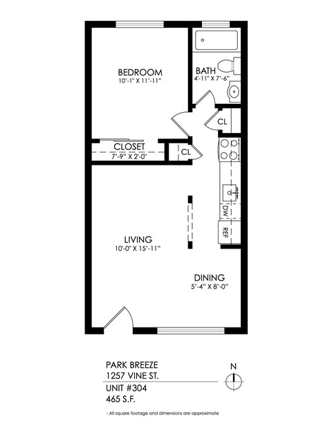 A black and white image of a floor plan for a one bedroom apartment.